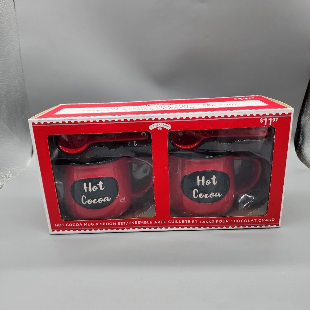 Holiday Time Hot Cocoa Mug & Spoon Set 2pc Red Ceramic Cups Christmas Gift